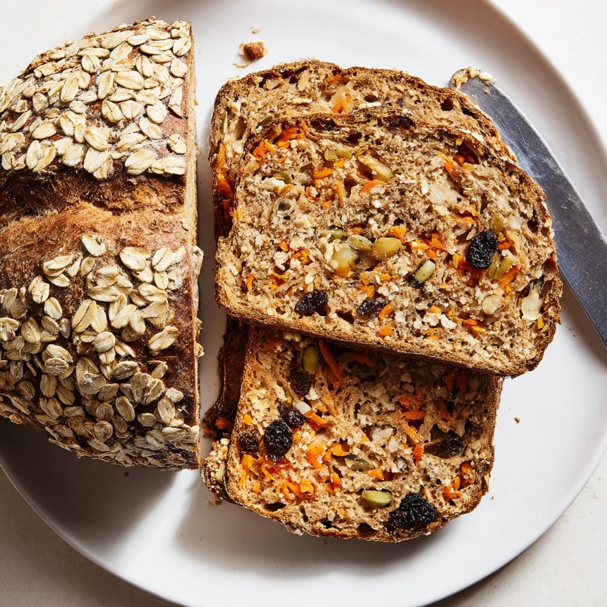 Sliced spiced carrot cake sourdough bread revealing fluffy orange flecked interior texture