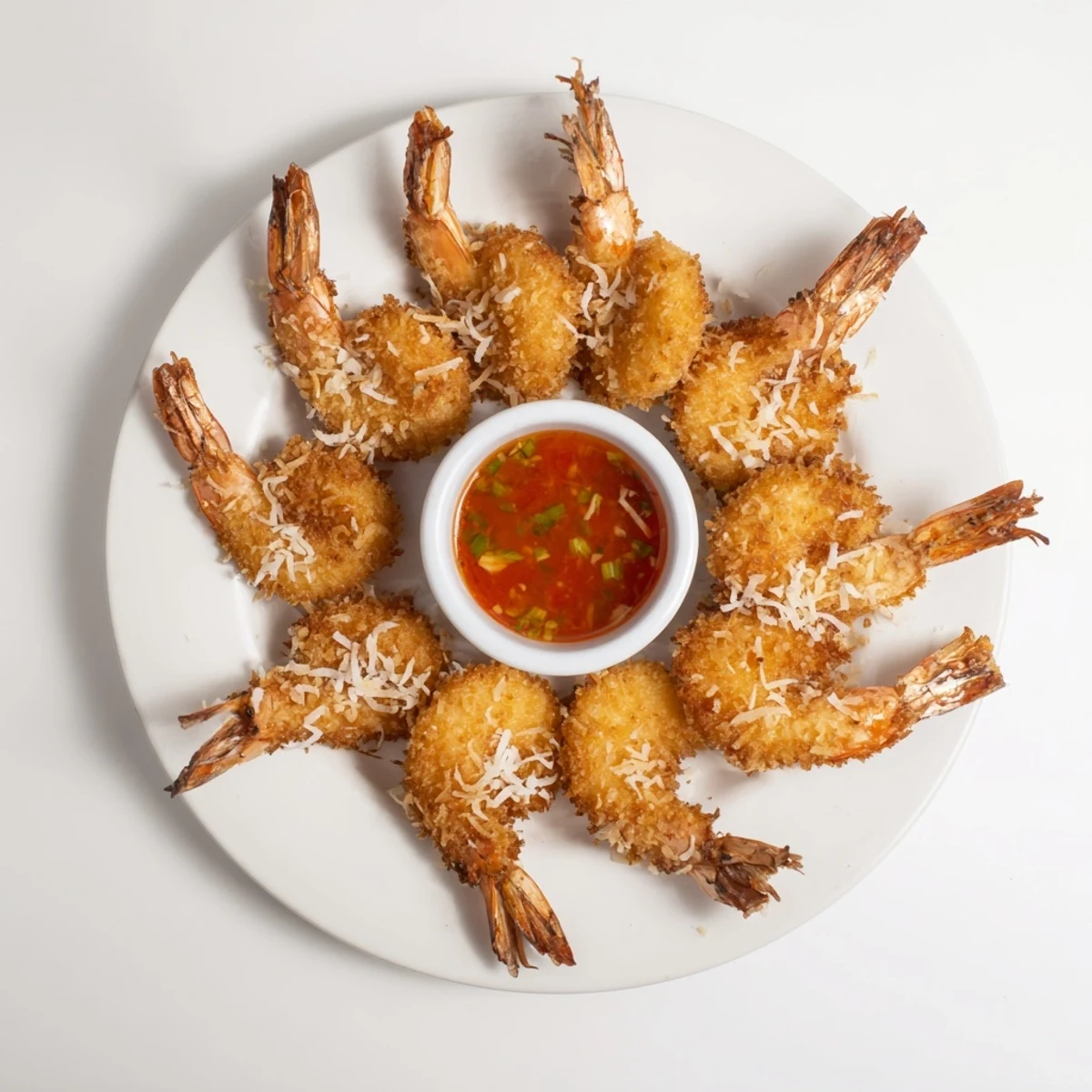 Platter of tropical fried coconut shrimp served with tangy sweet chili sauce