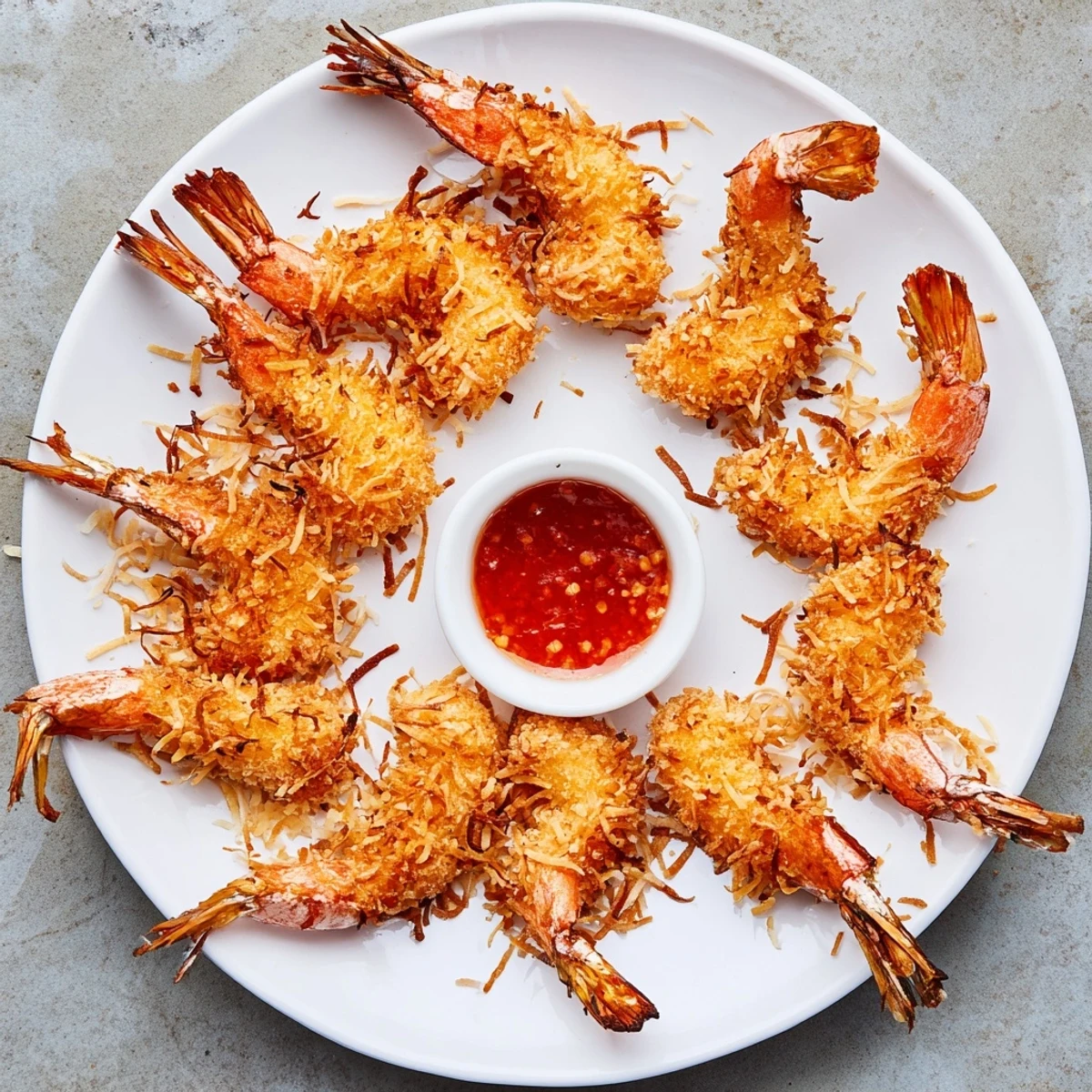 Golden brown fried coconut shrimp with crispy flakes ready for dipping