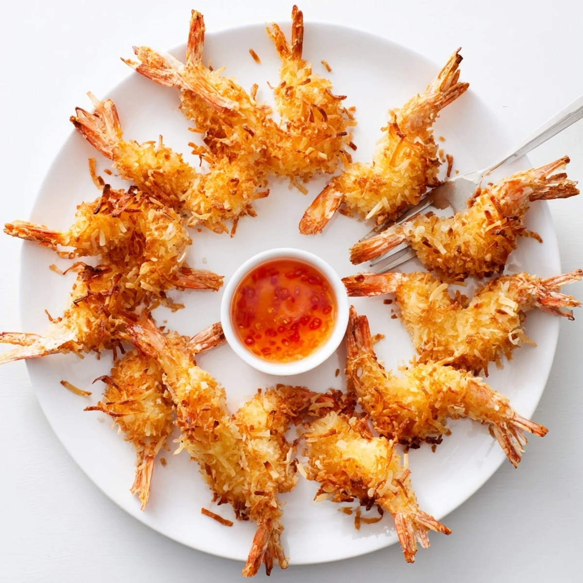 Crispy fried coconut shrimp with tails on, garnished with fresh lime wedges