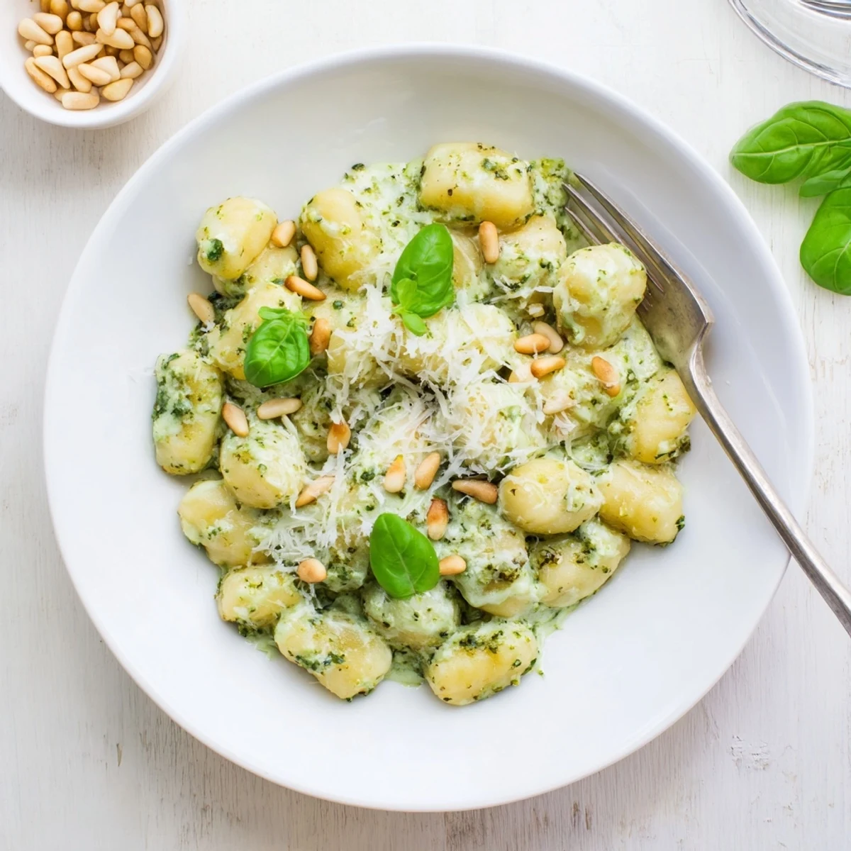 Golden potato gnocchi coated in a vibrant green basil pesto cream sauce with grated Parmesan