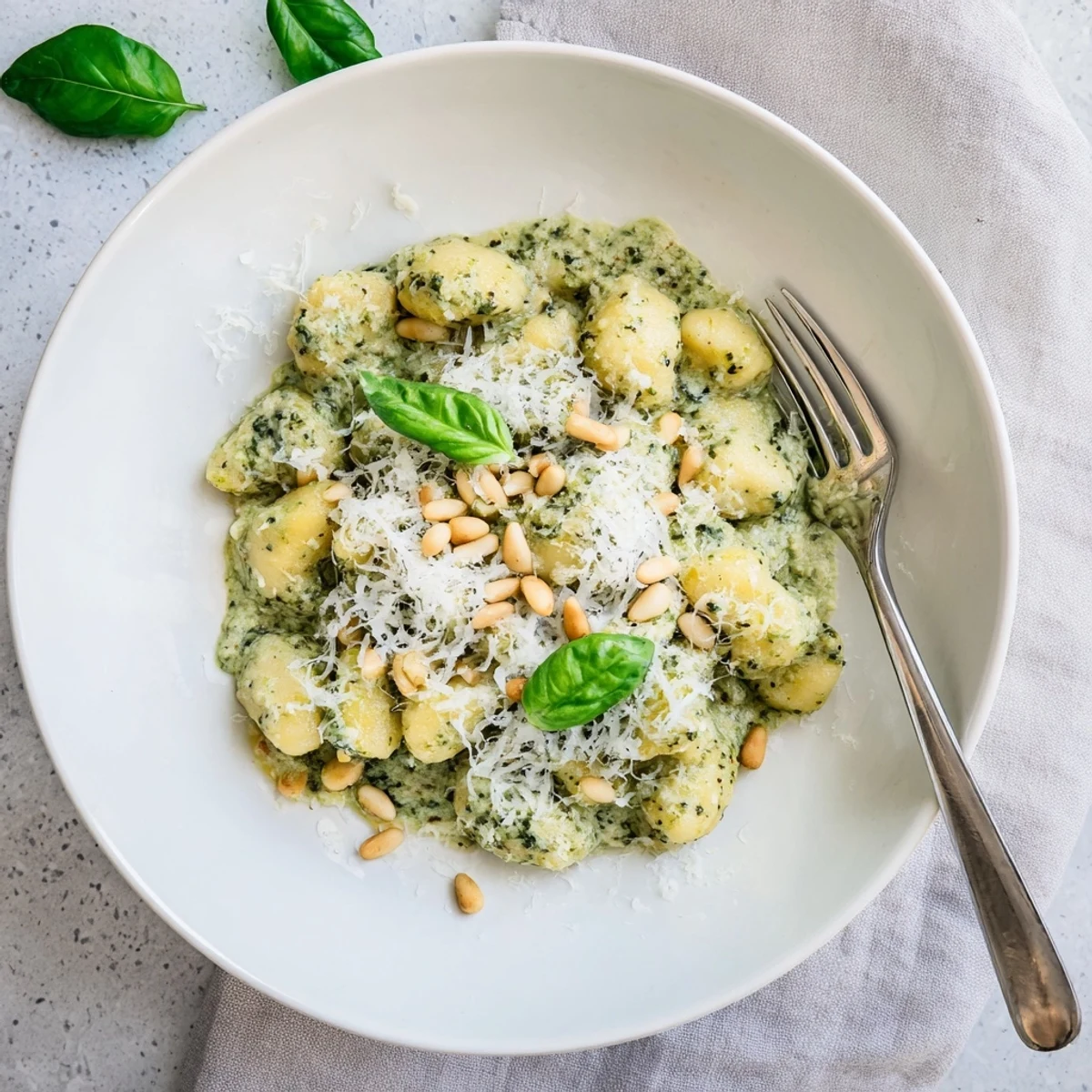 Creamy pesto gnocchi plated in a white bowl topped with fresh basil leaves and pine nuts