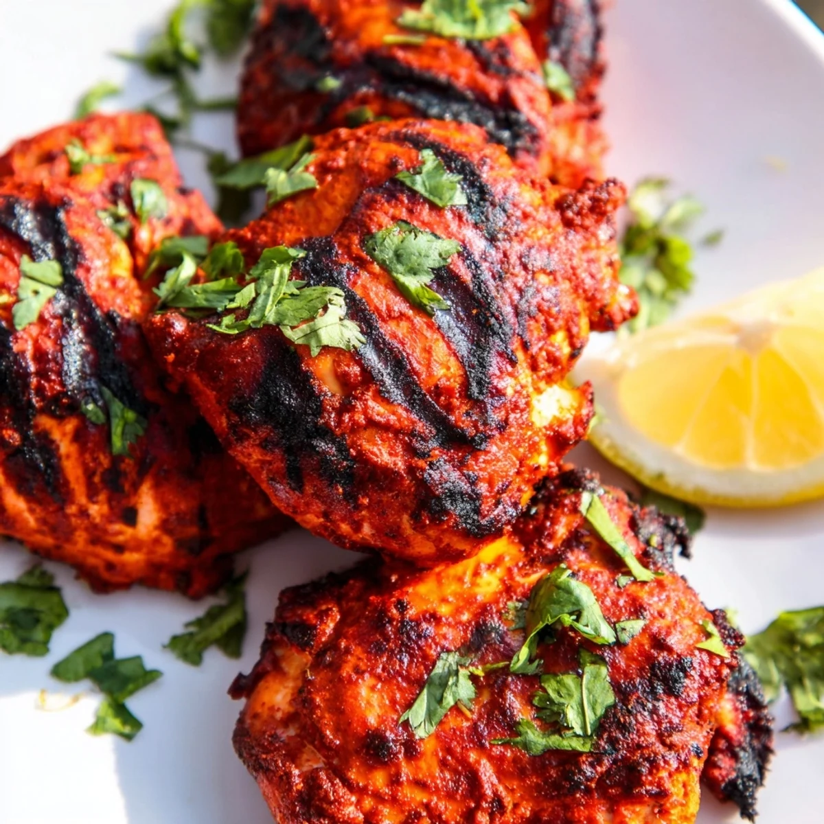 Golden tandoori chicken recipe with vibrant red spices and fresh cilantro garnish on white plate