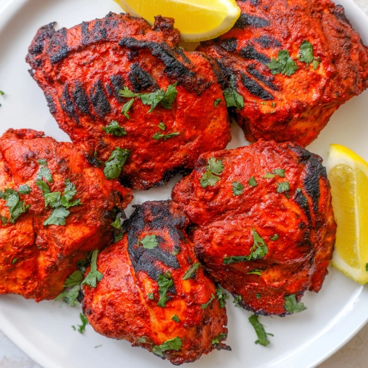 Succulent tandoori chicken recipe featuring charred edges and smoky yogurt marinade served with lemon wedges