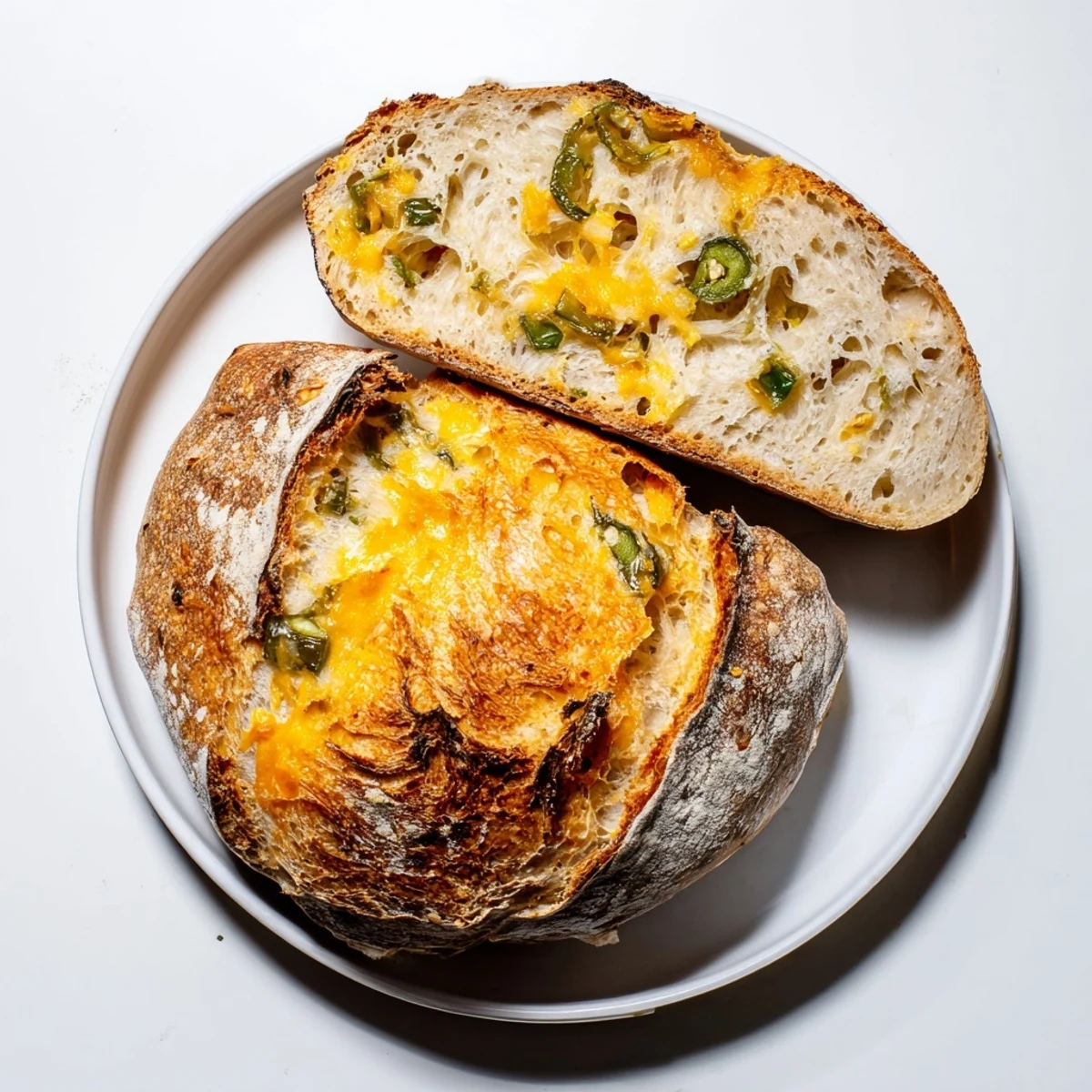 Golden crusty Jalapeno Cheddar Sourdough Bread sliced open revealing melted cheese pockets and vibrant green peppers