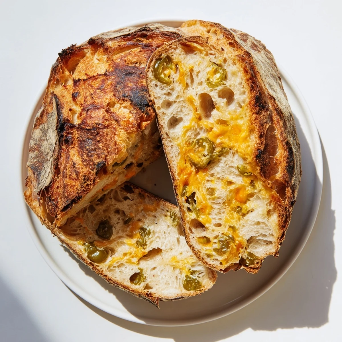 Rustic homemade Jalapeno Cheddar Sourdough loaf with golden brown crust and speckled spicy jalapeño pieces throughout