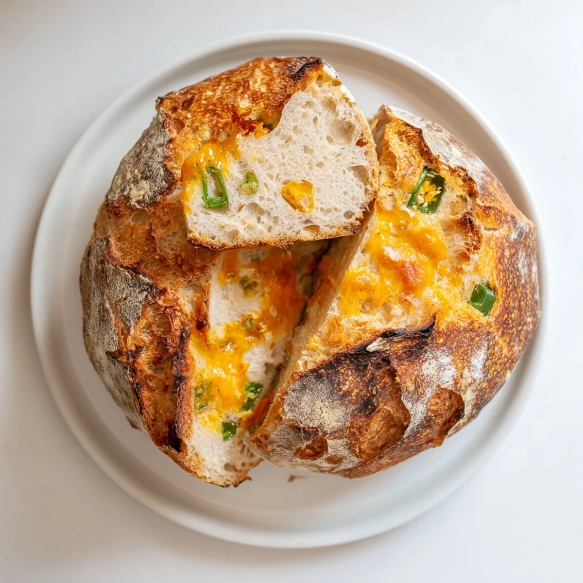 Freshly baked Jalapeno Cheddar Sourdough Bread cooling on wire rack with deeply scored crust and bubbling cheese