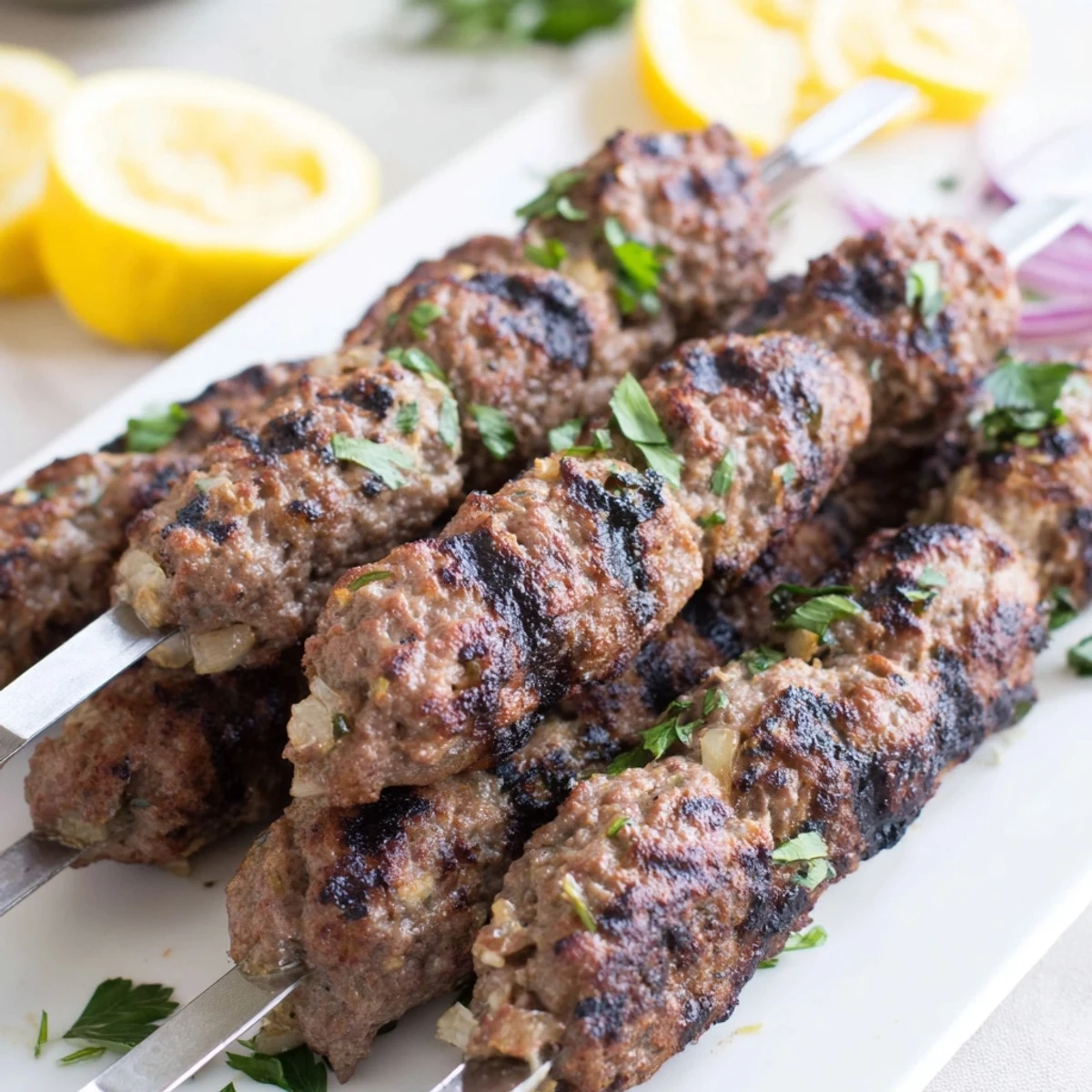 Golden beef kofta kebabs grilled to juicy perfection with charred edges and aromatic Middle Eastern spices