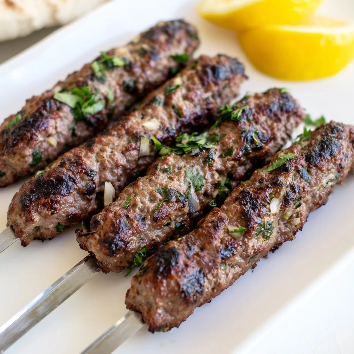 Succulent spiced beef kofta kebabs arranged on a platter with fresh herbs and lemon wedges