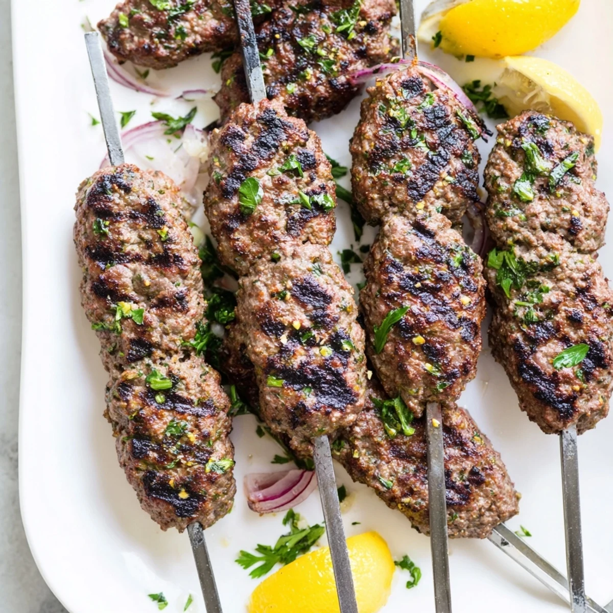 Homemade beef kofta kebabs sizzling on skewers featuring a rich blend of cumin coriander and paprika