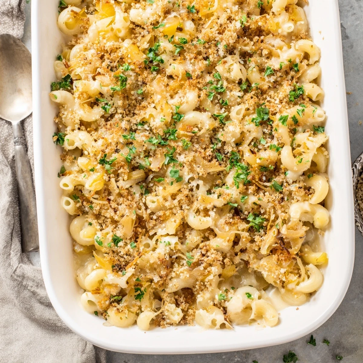 Golden French onion mac and cheese topped with crispy breadcrumbs and melted Gruyère