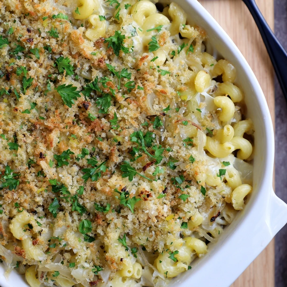 French onion mac and cheese piping hot with golden brown panko crust and parsley garnish