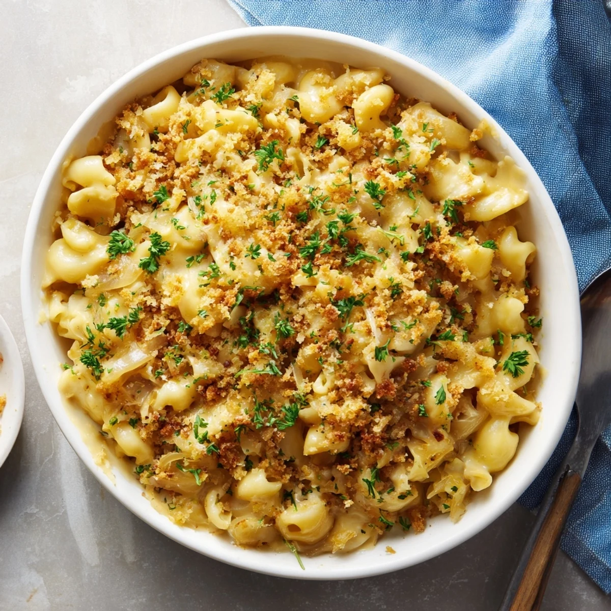 Creamy French onion mac and cheese with caramelized onions bubbling in a baking dish