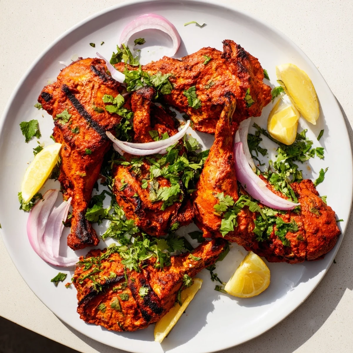 Golden roasted Tandoori Chicken pieces arranged on a platter with vibrant red spice coating and charred edges