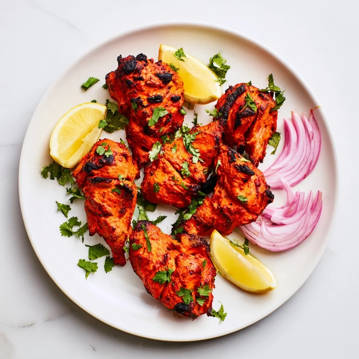 Succulent yogurt-marinated Tandoori Chicken garnished with fresh cilantro and lemon wedges on a serving board