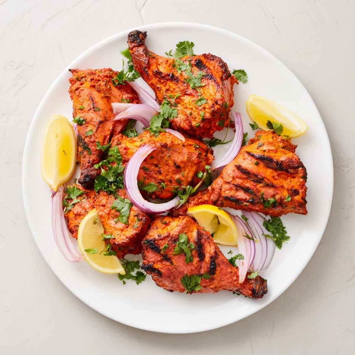Perfectly spiced Tandoori Chicken with slightly charred crispy skin served alongside sliced red onion rings