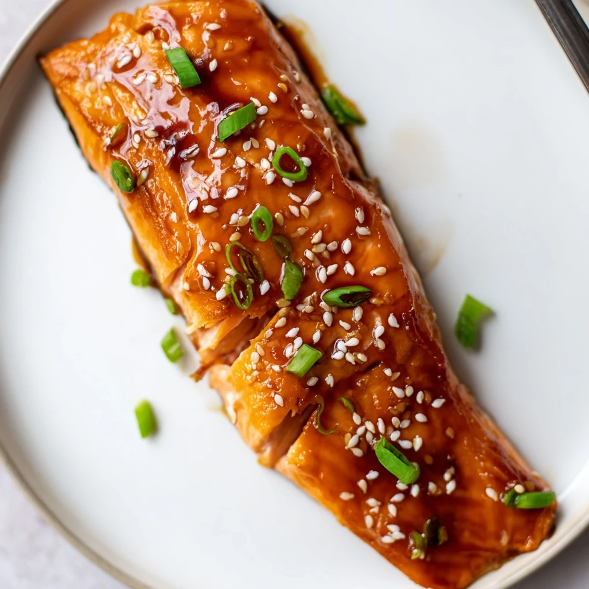 Baked Teriyaki Salmon glazed glossy, flaky fillet resting on steamed rice.  