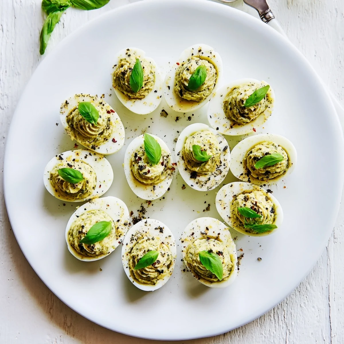 Pesto Parmesan Deviled Eggs Recipe on a platter, creamy filling, basil garnish.