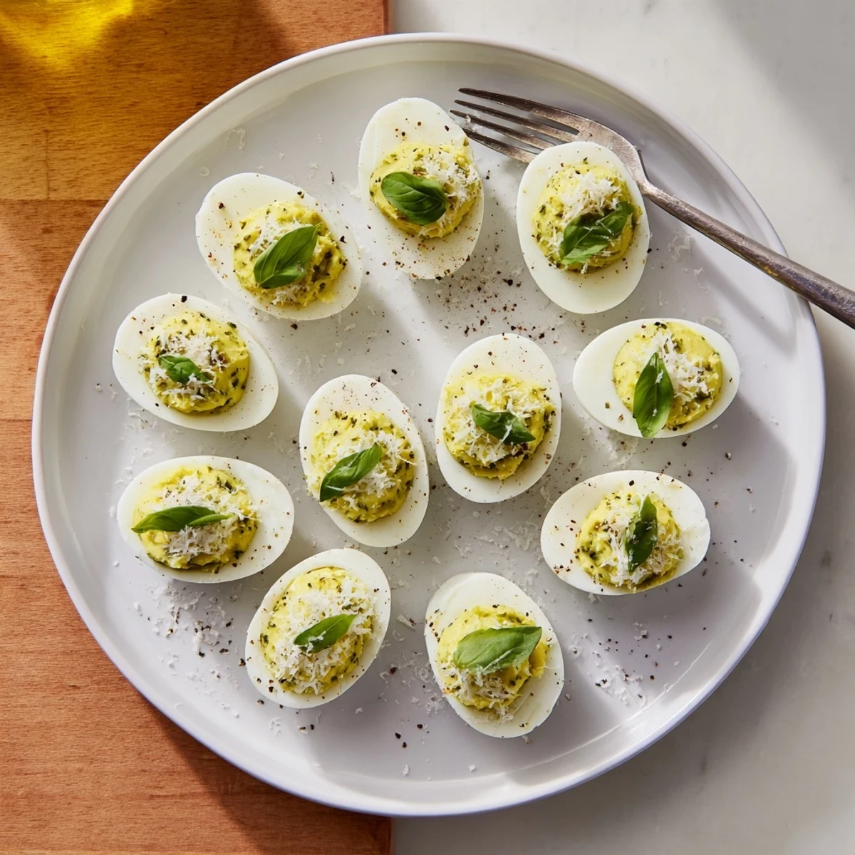 Bright Pesto Parmesan Deviled Eggs Recipe with peppery bite, perfect picnic appetizer.