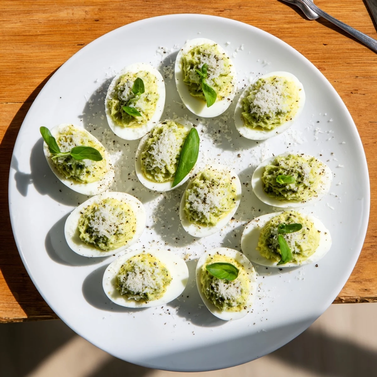 Hand piped Pesto Parmesan Deviled Eggs Recipe, silky yolk, fresh basil leaf.
