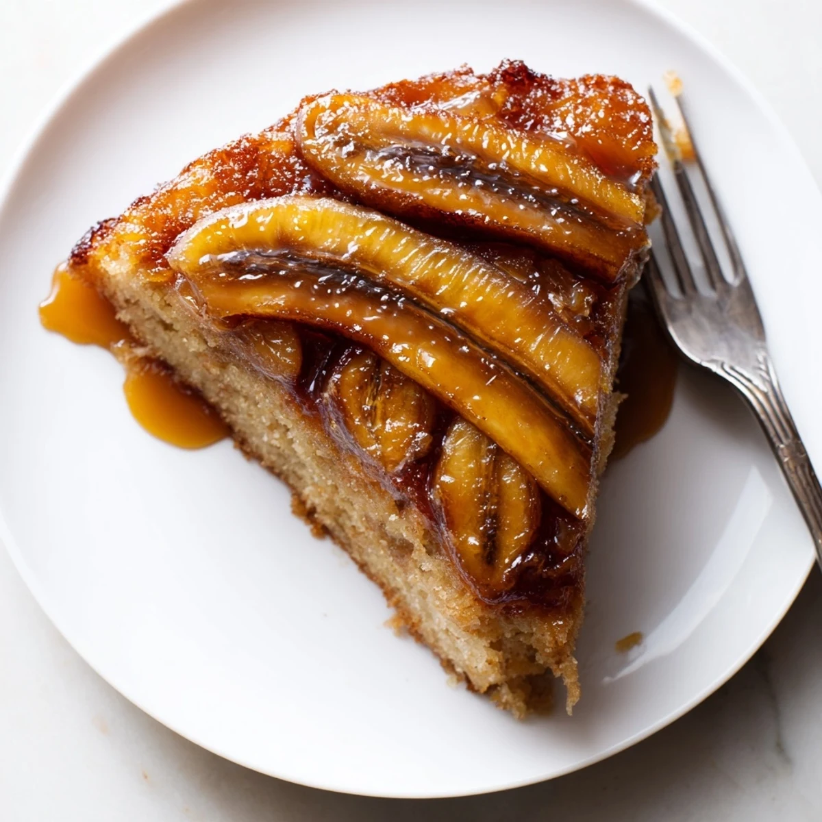 Aromatic Banana Foster Upside Down Cake Recipe with glossy caramelized bananas, buttery crumb.