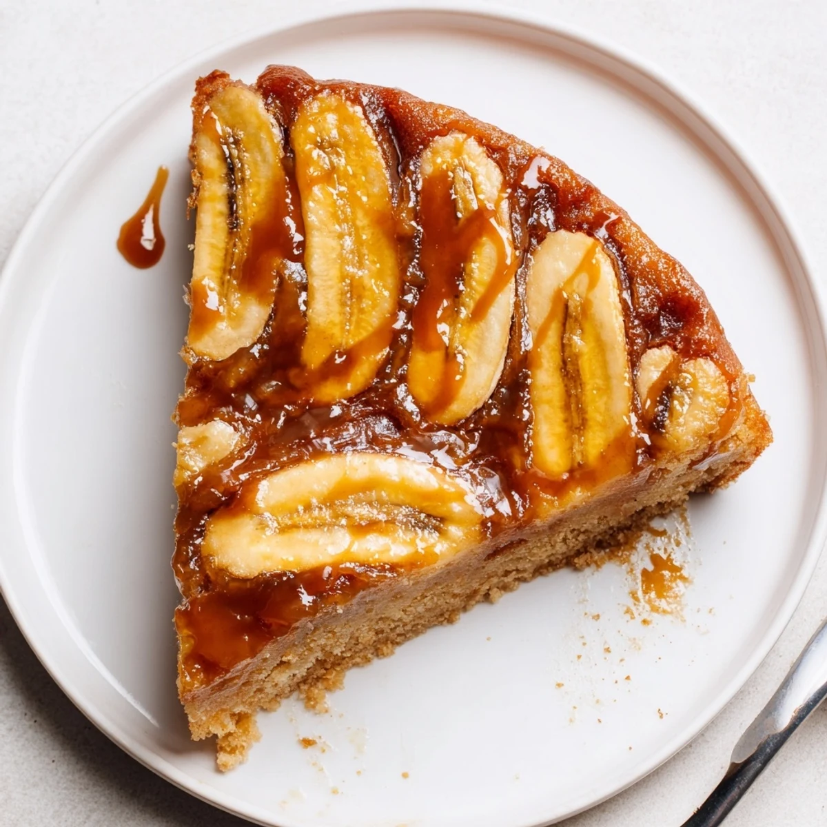 Moist Banana Foster Upside Down Cake Recipe flipped from pan, sticky caramel topping.