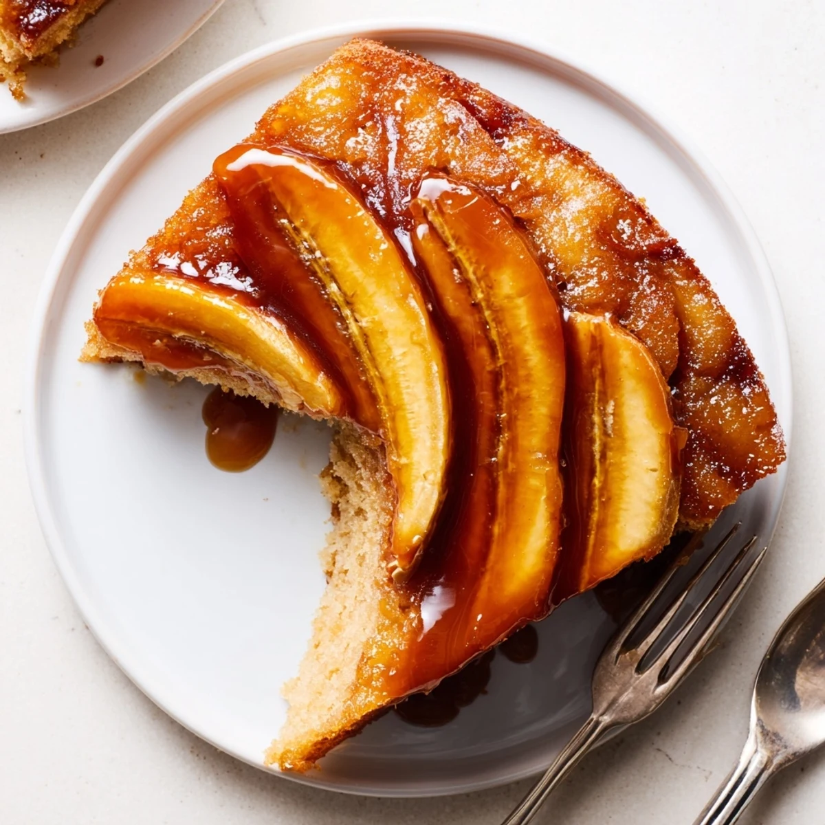 Banana Foster Upside Down Cake Recipe served warm with melting vanilla ice cream.