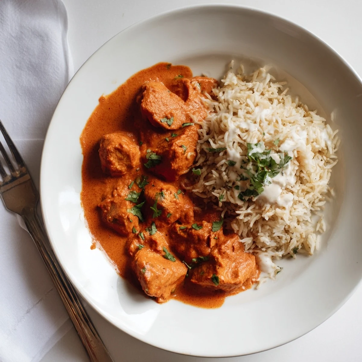 Creamy Butter Chicken Indian Recipe steaming in skillet, garnished with cilantro.