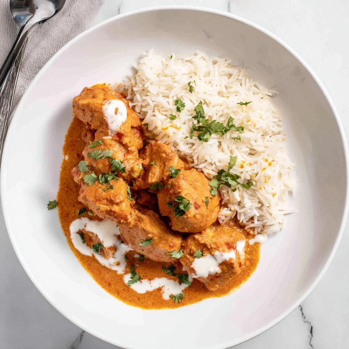 Close-up of Butter Chicken Indian Recipe: velvety tomato-butter sauce, tender chicken.