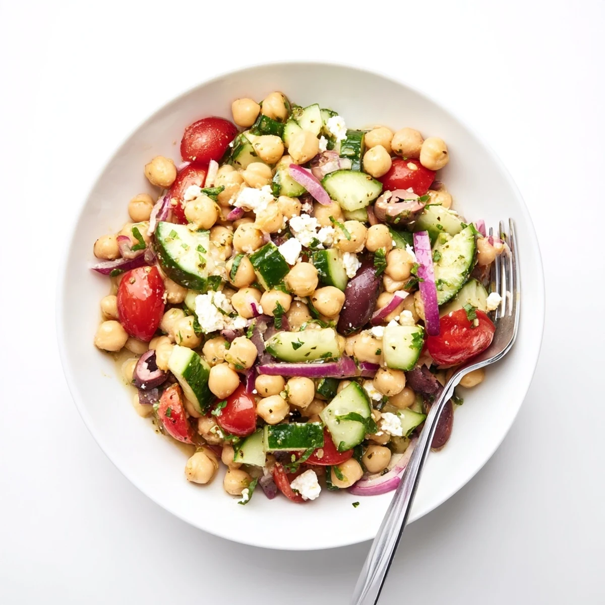 Bright Mediterranean Chickpea Salad with Cucumber & Feta showcasing crisp cucumber slices