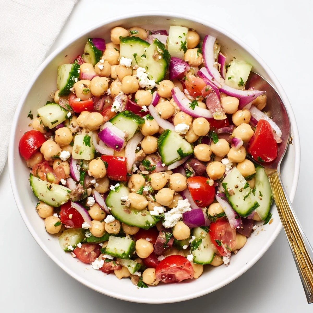 A bowl of Mediterranean Chickpea Salad with Cucumber & Feta, lemony and bright