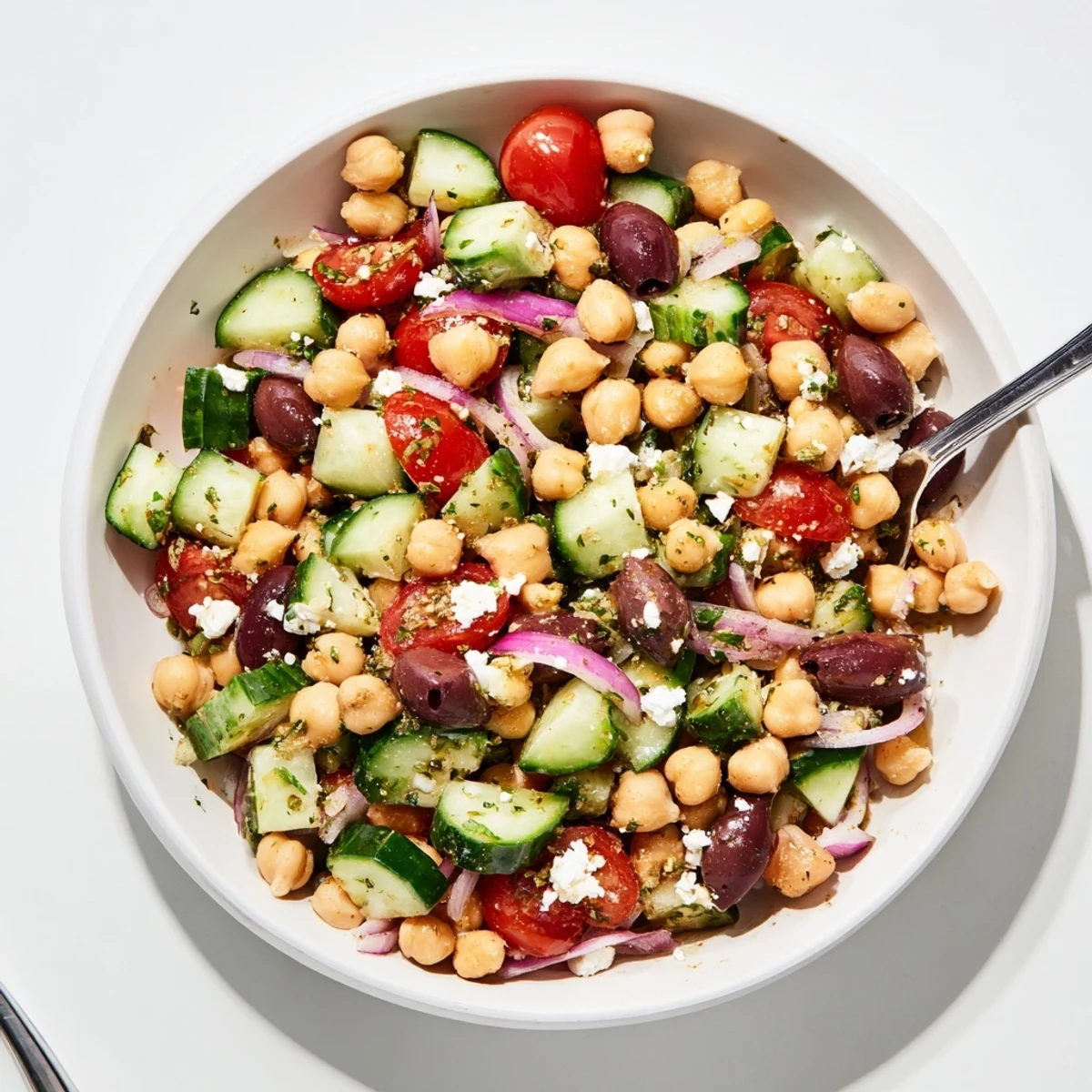 Chilled Mediterranean Chickpea Salad with Cucumber & Feta served beside grilled chicken