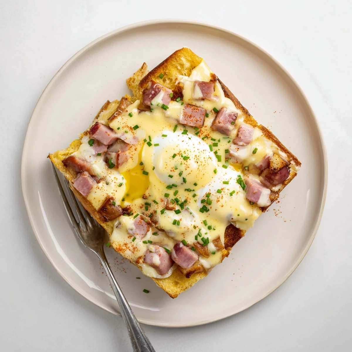 Savory Baked Eggs Benedict Casserole layered with English muffins and Canadian bacon