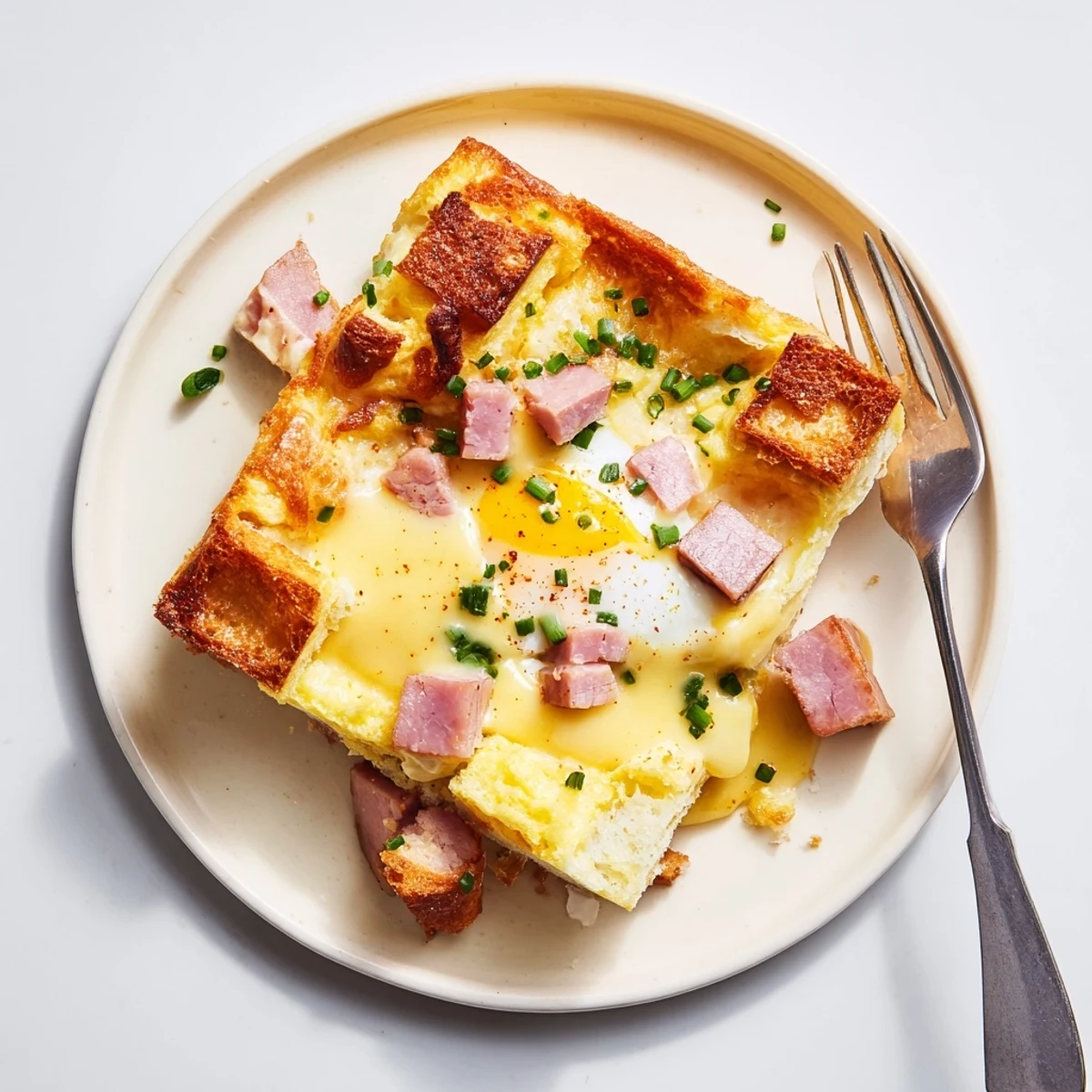 Slice of Baked Eggs Benedict Casserole, puffed center, topped with fresh chives