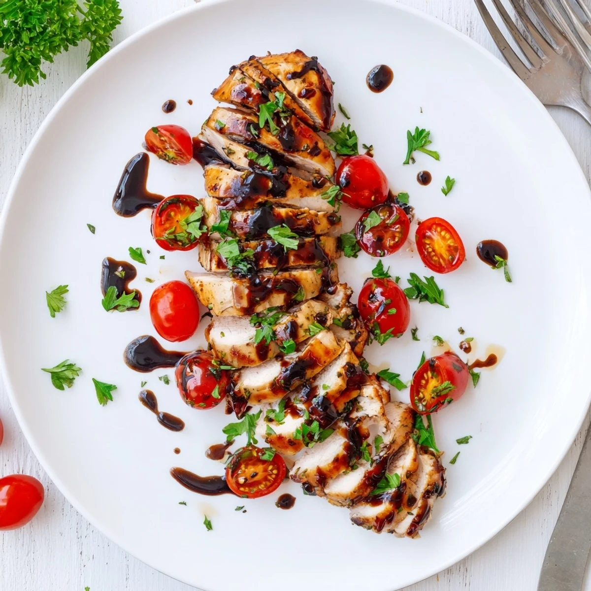 Balsamic Baked Chicken Breast glazed, golden edges, resting with parsley garnish