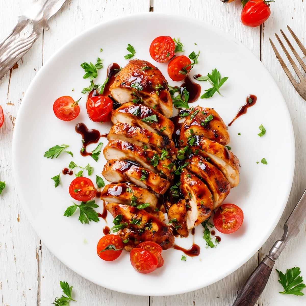 Juicy Balsamic Baked Chicken Breast with caramelized garlic, honeyed balsamic pan juices
