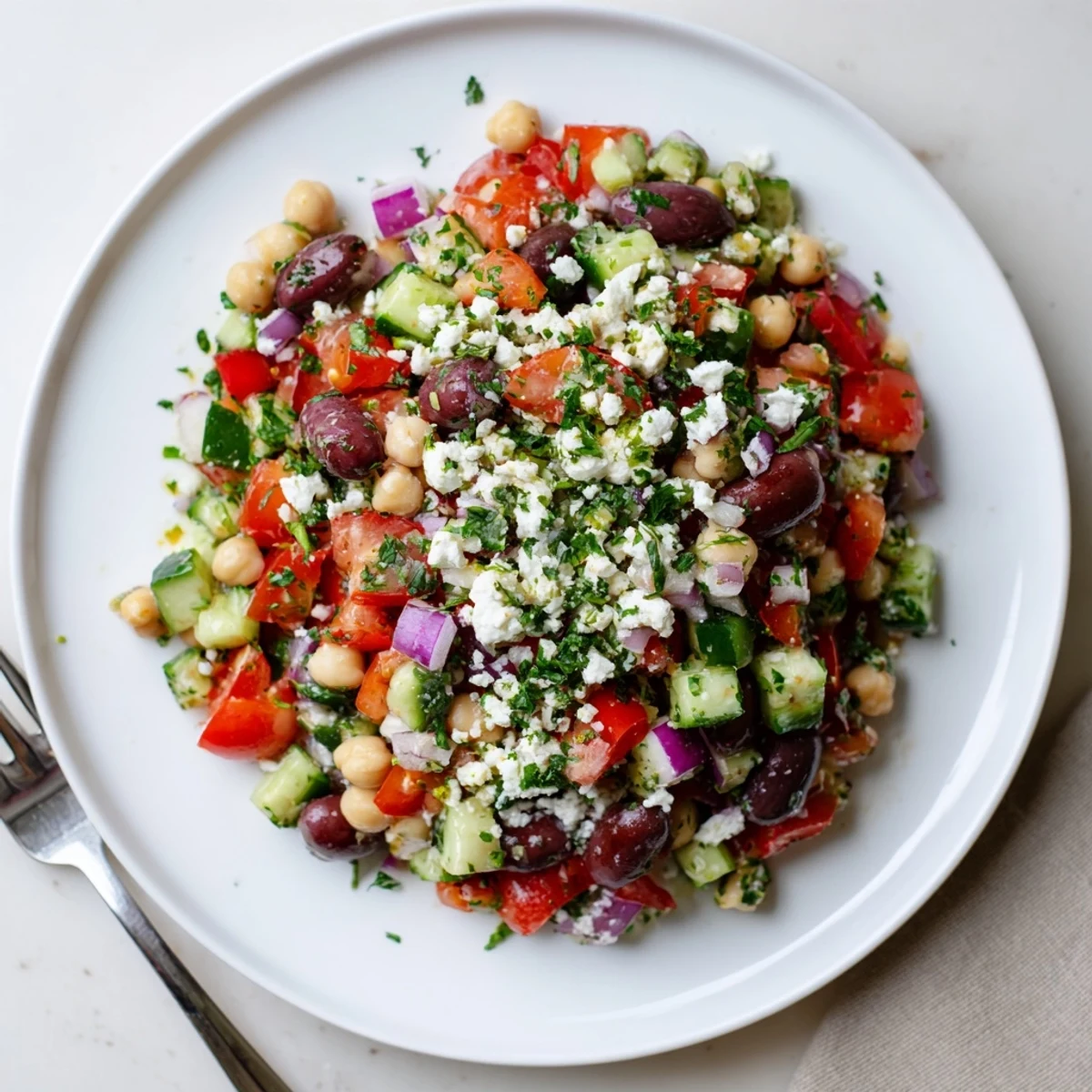 Colorful chickpeas, tomato and cucumber glistening in lemon dressing; Mediterranean Chickpea Salad Recipe