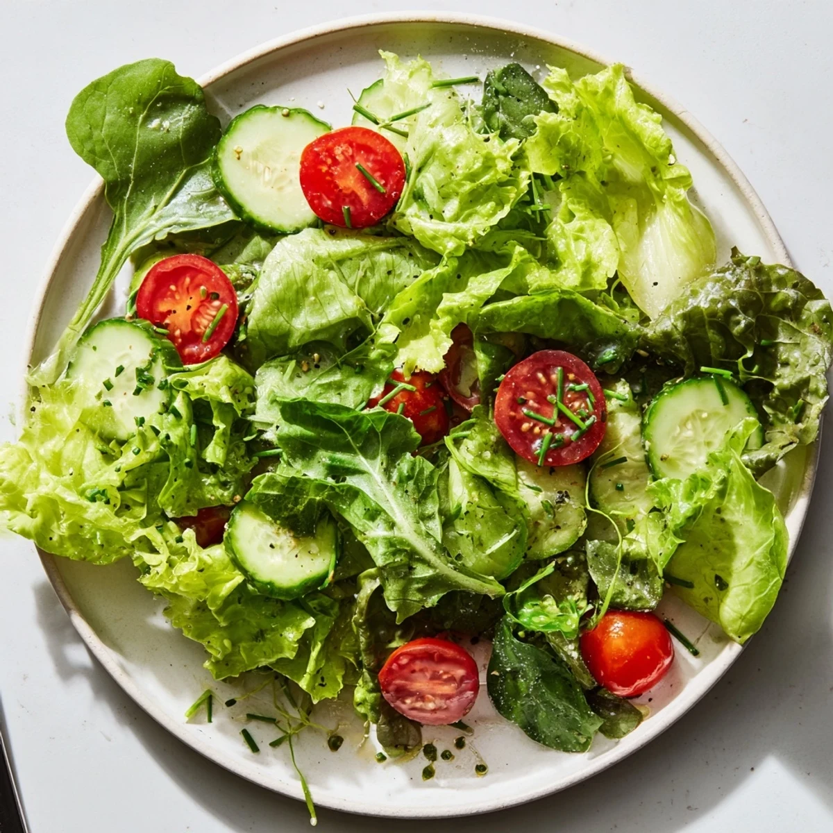 Bowl of Simple Green Salad Recipe: peppery arugula, sliced cucumber, tangy dressing