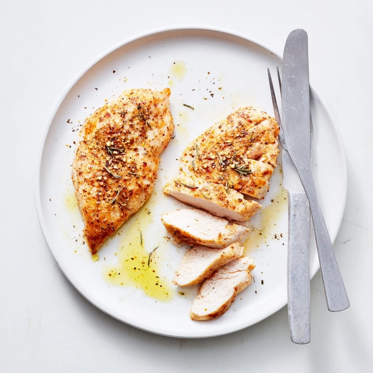 Sliced Air Fryer Chicken Breasts atop mixed greens, lemon wedge for brightness.