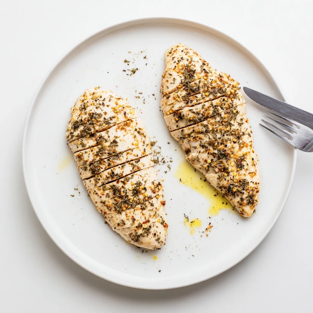 Air Fryer Chicken Breasts glistening with paprika rub, sliced beside steamed vegetables.