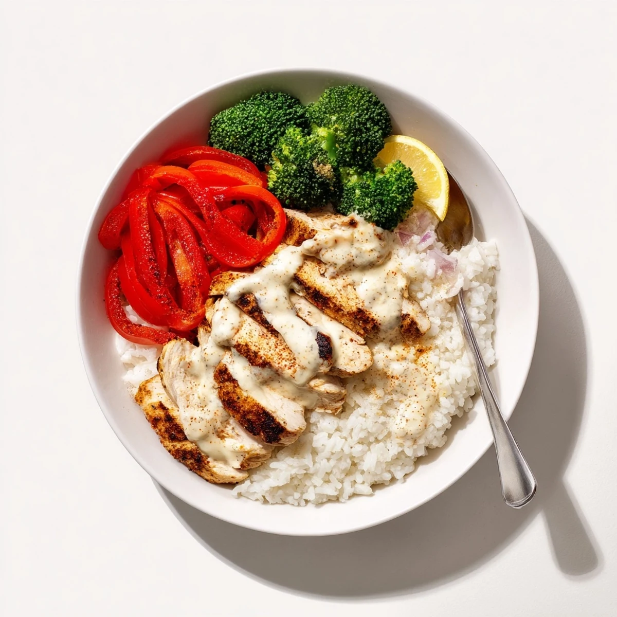 Grilled Chicken Broccoli Bowls with Creamy Garlic Sauce drizzled over fluffy rice