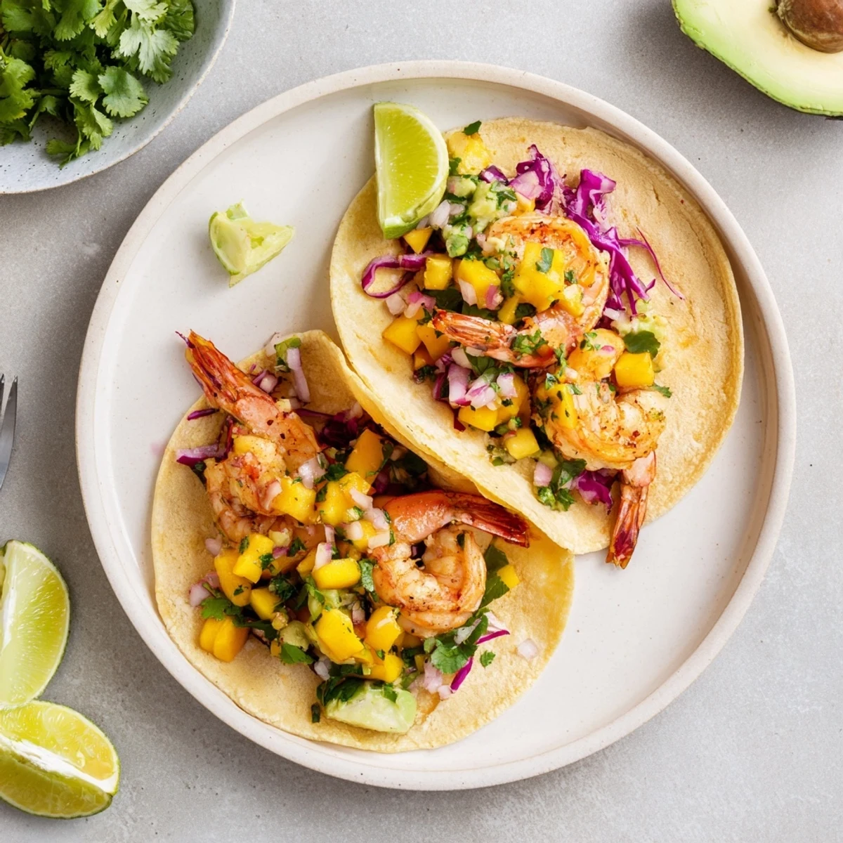 Cilantro Lime Shrimp Tacos With Mango Salsa recipe: grilled shrimp, bright salsa, warm tortillas