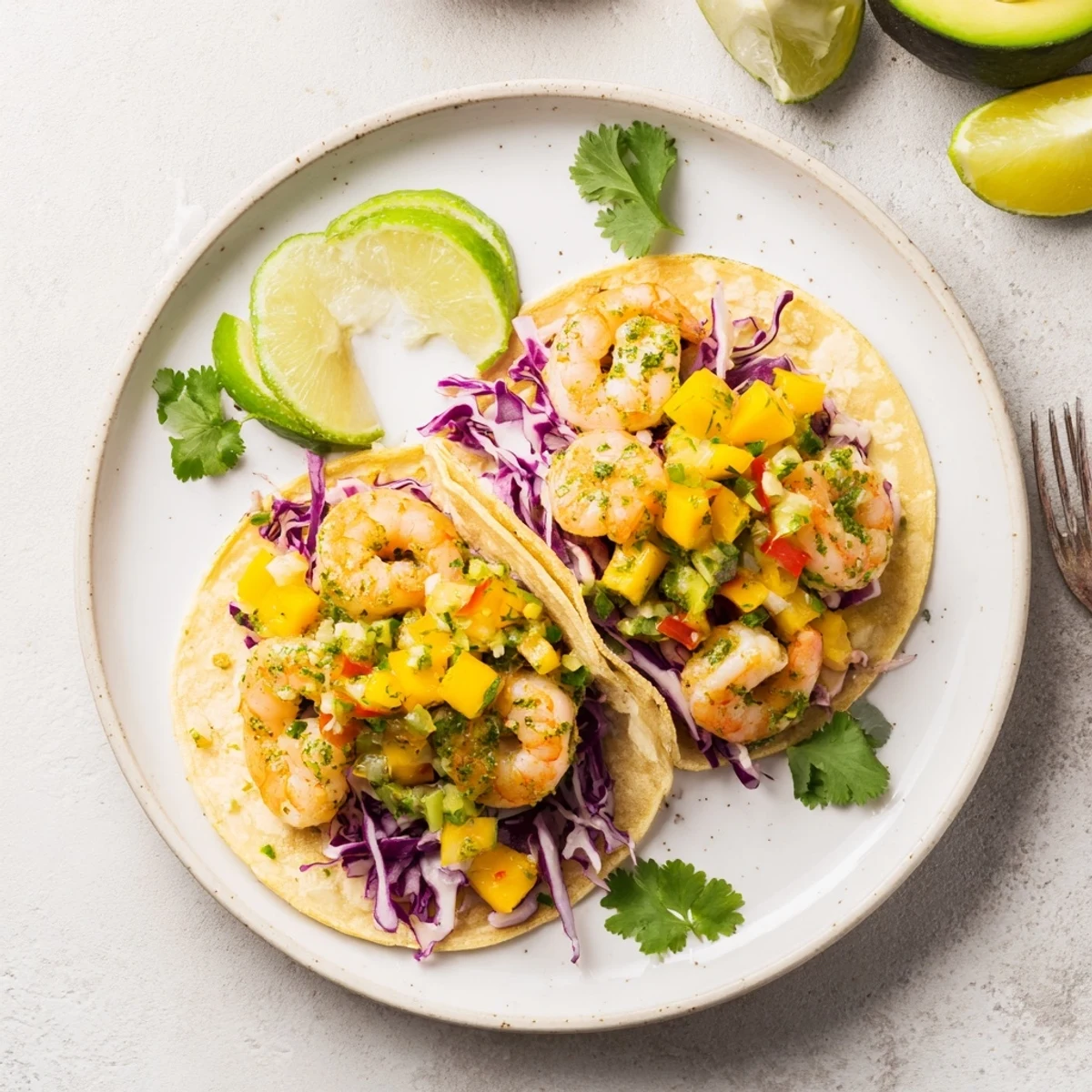 Warm corn tortillas holding Cilantro Lime Shrimp Tacos With Mango Salsa recipe, garnished lime