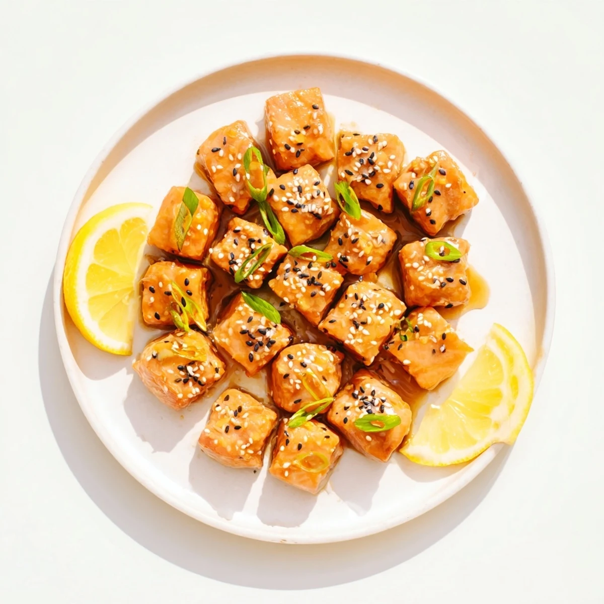 Honey Glazed Salmon Bites glistening with caramelized edges, sesame seeds and lemon.