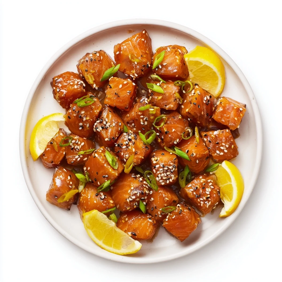 Warm Honey Glazed Salmon Bites served on rice with bright scallions.