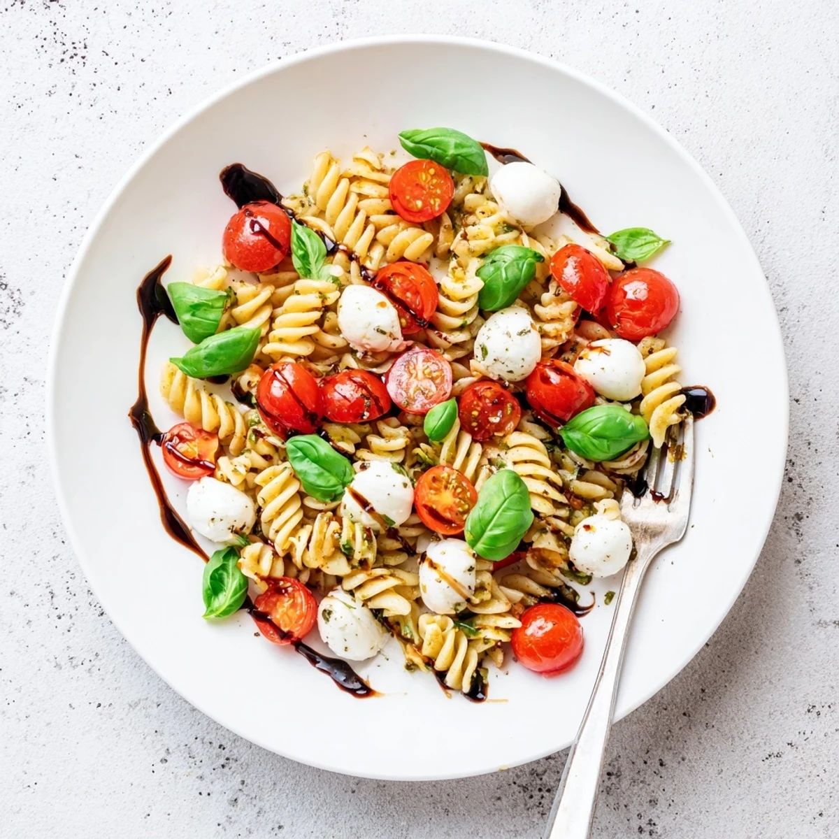 Caprese Pasta Salad Recipe tossed in tangy balsamic, juicy tomato sweetness.