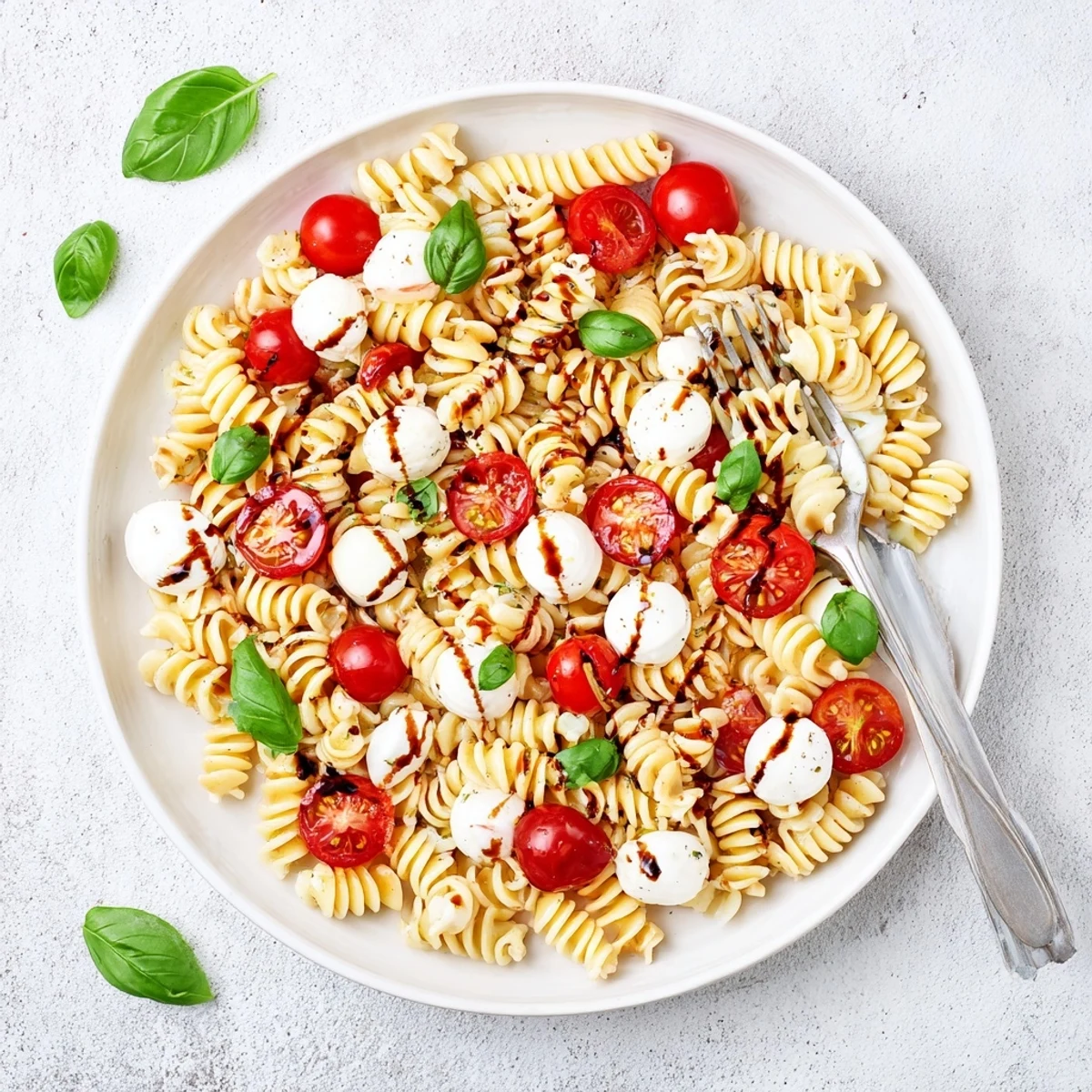 Bright Caprese Pasta Salad Recipe with al dente pasta, torn basil leaves.
