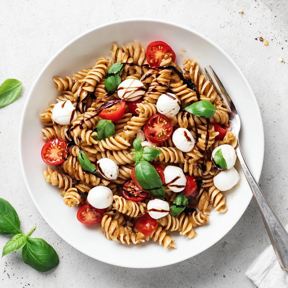 Chilled Caprese Pasta Salad Recipe served picnic-ready, creamy mozzarella and basil.