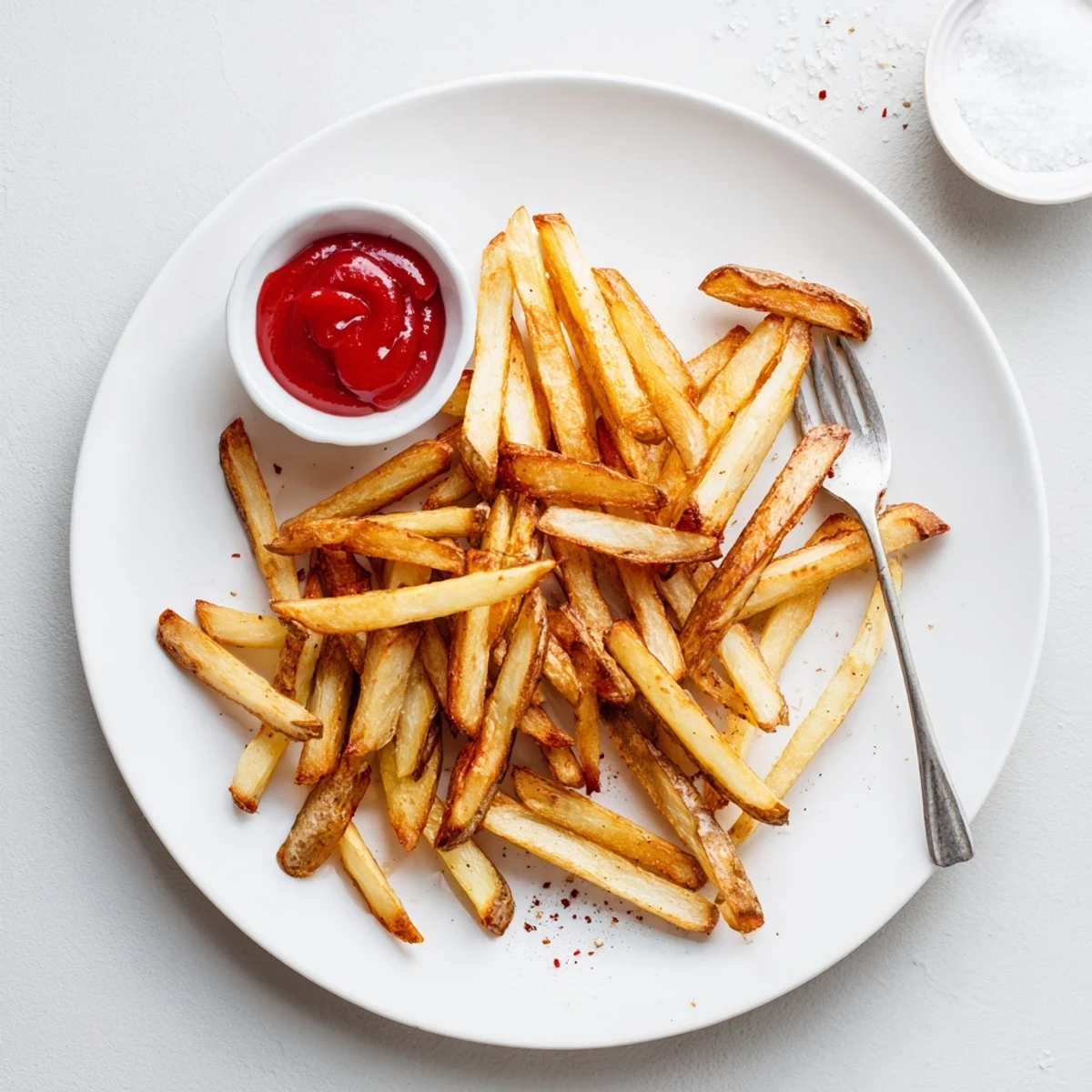 Plate of Crispy Homemade Air Fryer French Fries served with creamy garlic aioli.