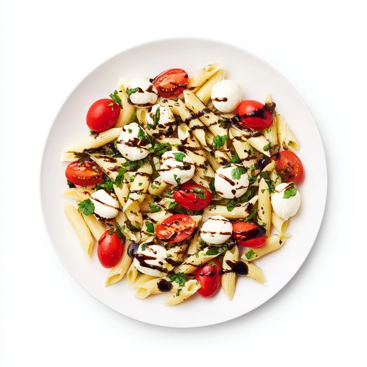 Caprese Tomato Mozzarella Penne Recipe with glistening cherry tomatoes, torn basil, warm penne